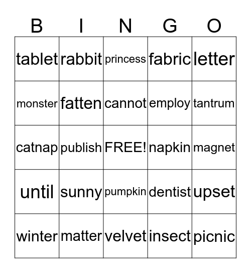 CLOSED SYLLABLE Bingo Card