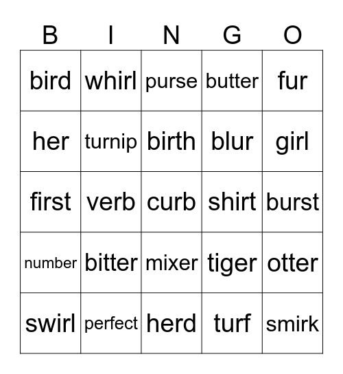 er, ir, ur Bingo Card