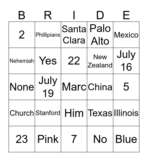 Bridal Bingo Card