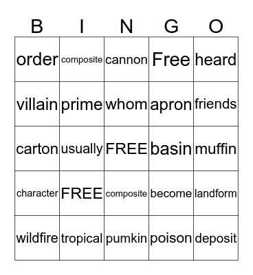SPELLING Bingo Card