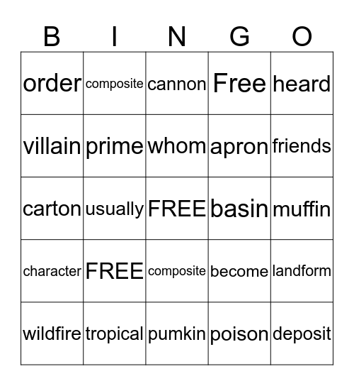 SPELLING Bingo Card