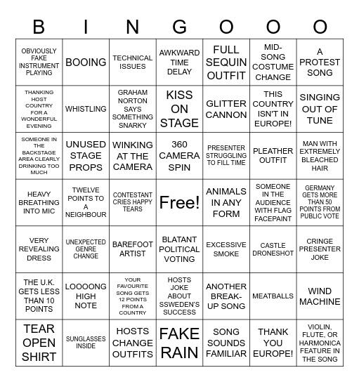 Eurovision 2024 bingo Card