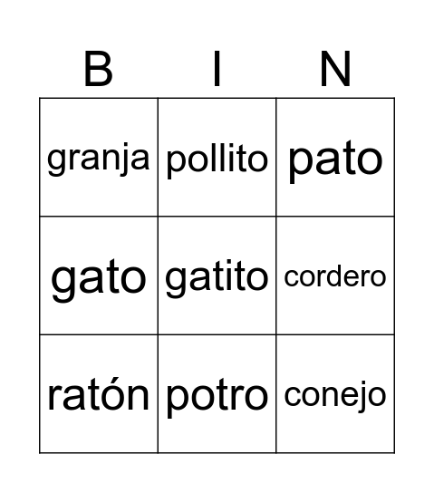 animales granja Bingo Card