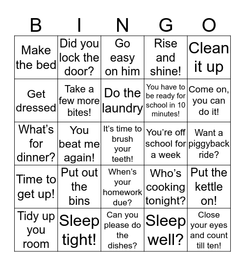 Common Phrases at home Bingo Card