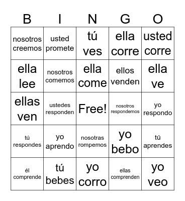 Regular -er Verbs Bingo Card