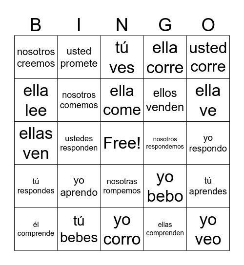 Regular -er Verbs Bingo Card