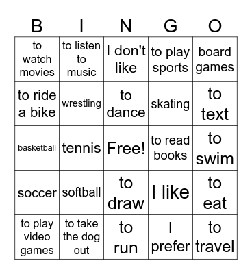 Los pasatiempos - Inglés Bingo Card