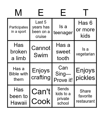 Show & Tell  BINGO Card