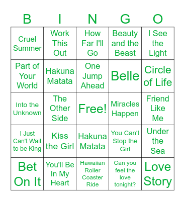 Disney Music Bingo Card