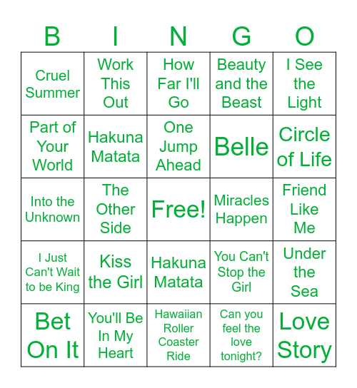 Disney Music Bingo Card