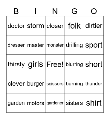 -r controlled vowels Bingo Card