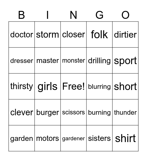 -r controlled vowels Bingo Card