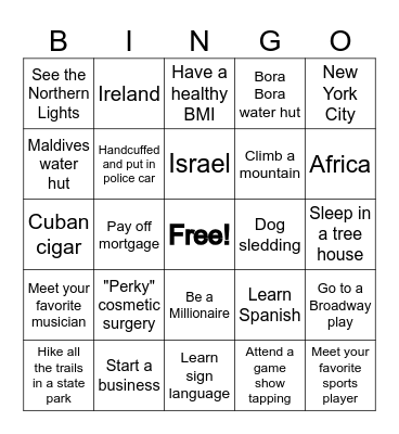 Bucklet List Bingo Card