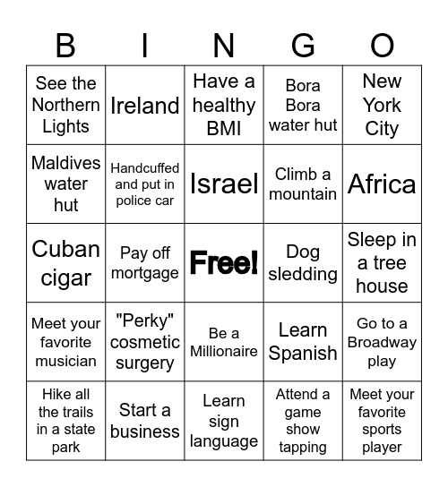 Bucklet List Bingo Card