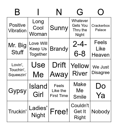 1970's Songs #6A Bingo Card