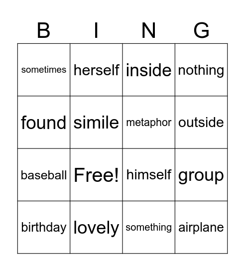 Compound Words Bingo Card