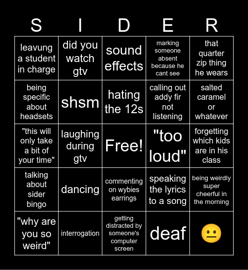 Mr Sider Bingo Card