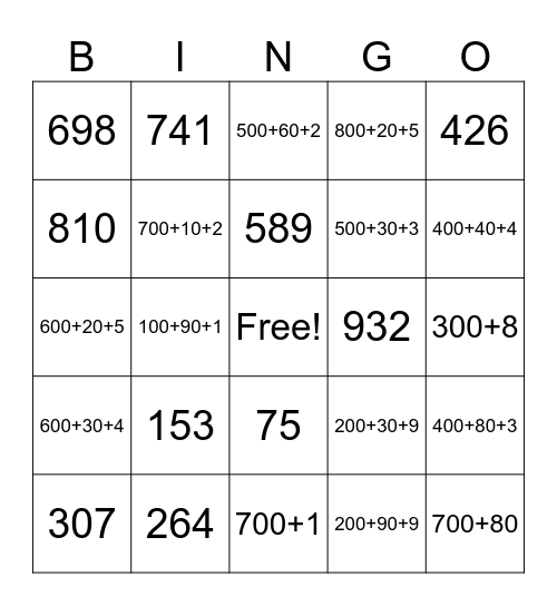 Place Value to 1,000 Bingo Card