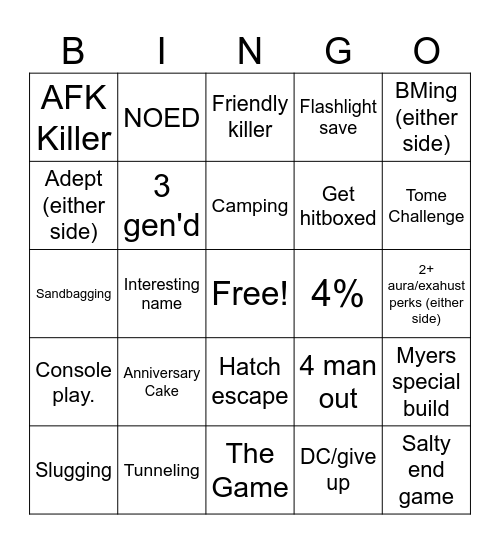 Dear By Daylight Survivor Experience Bingo Card