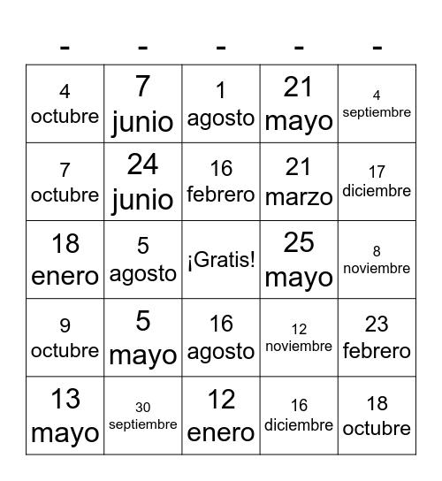 Mi cumpleaños es el ____ de ______ Bingo Card