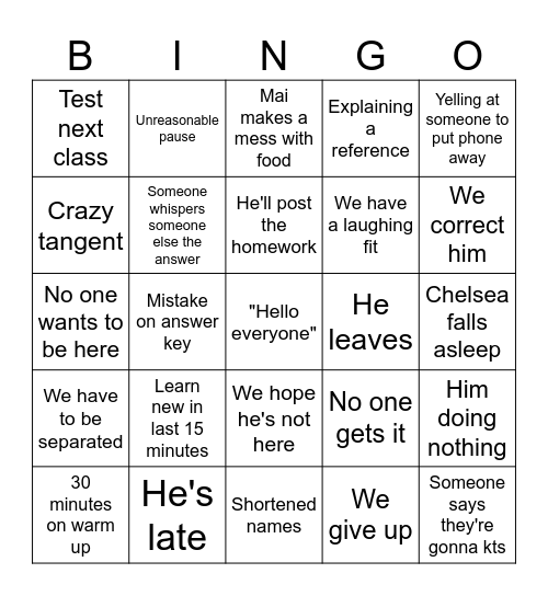 Math Class Bingo Card