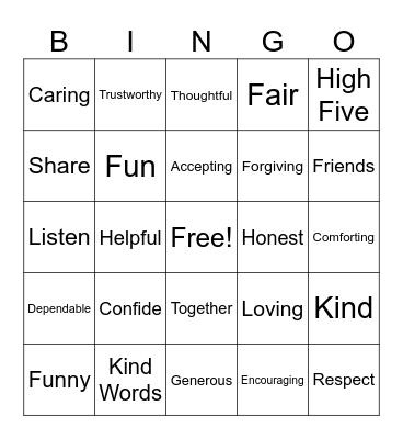 Friendship Bingo Card