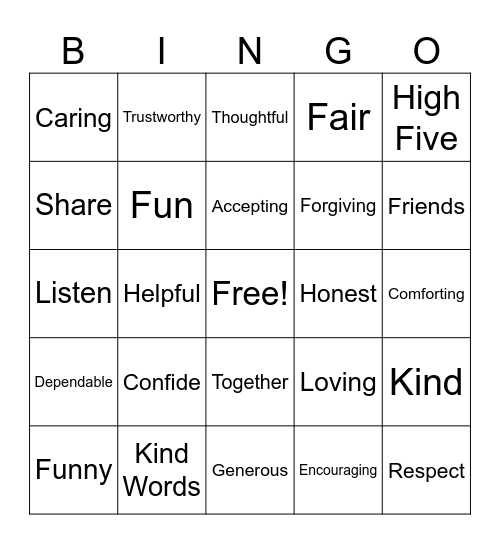 Friendship Bingo Card