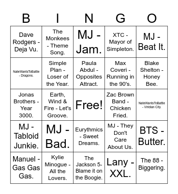 Songs Shown by Wife Bingo Card