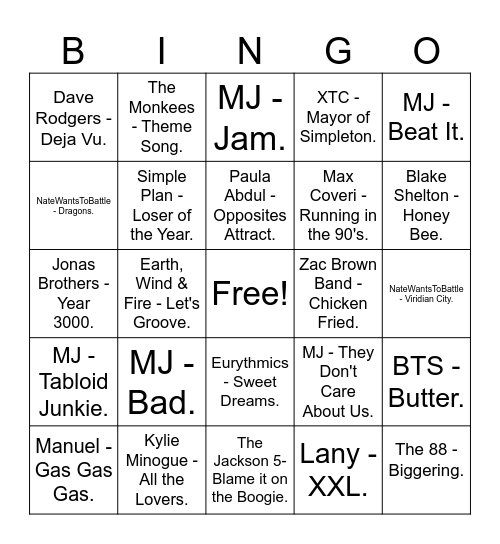 Songs Shown by Wife Bingo Card