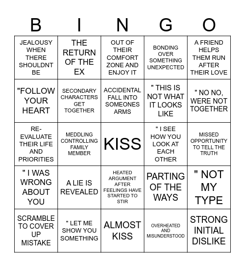 Romantic Movie Bingo Card