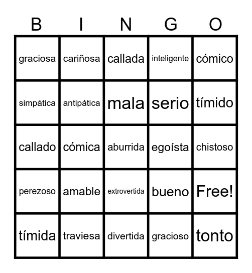 La personalidad Bingo Card