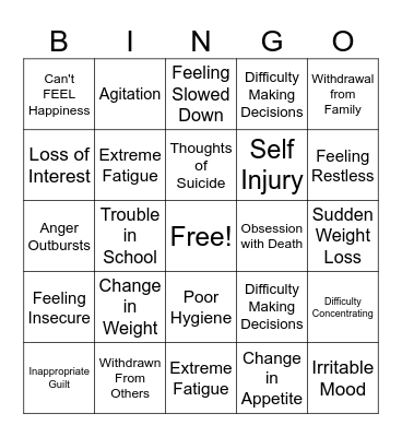 Teen Depression Symptoms Bingo Card