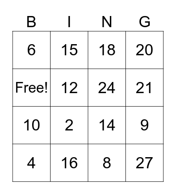 0-3 Multiplication Facts Bingo Card