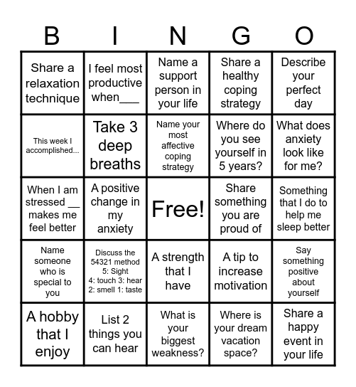 Coping Strategies BINGO Card