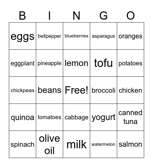 Nutriton Bingo Card