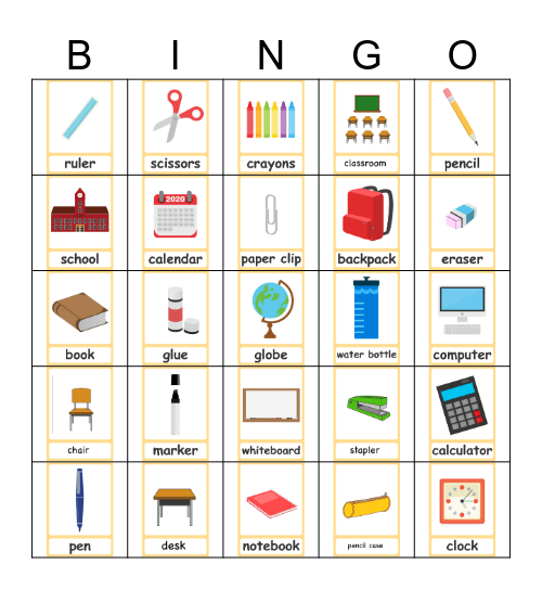Classroom Objects Bingo Card