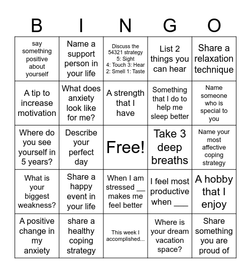 Coping Strategies Bingo Card