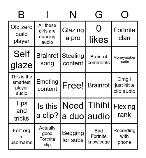 Fortnite Brainrot Shorts Bingo Card