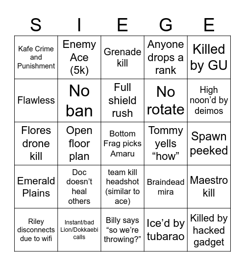 siege Bingo Card