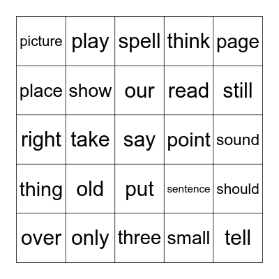 Sight Words Bingo Card
