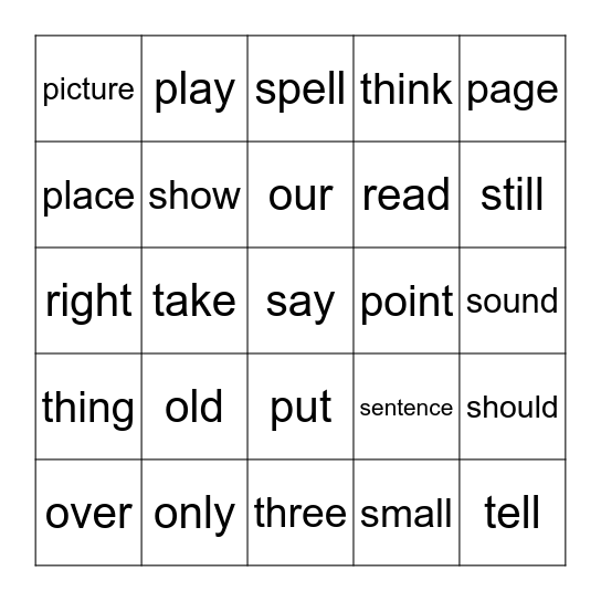 Sight Words Bingo Card