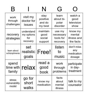 ILLNESS, MANAGEMENT & RECOVERY Bingo Card