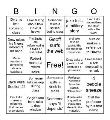 LAKE bingo so work the word lake (body of water) into your answer Bingo Card