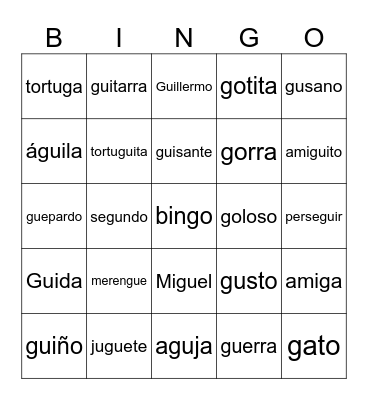 Palabras con GUE GUI Bingo Card