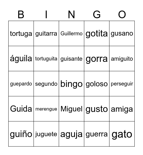 Palabras con GUE GUI Bingo Card