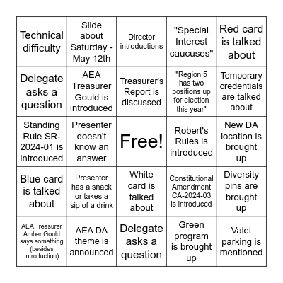 Pre-DA Caucus Bingo Card