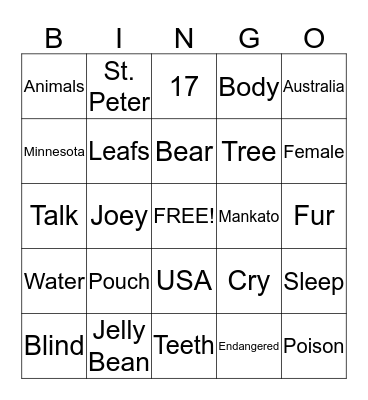 Koala Bear Bingo Card