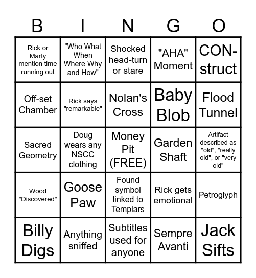 Curse of Oak Island Bingo Card