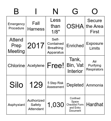 Confined Space Safety Bingo Card