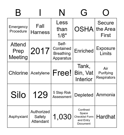 Confined Space Safety Bingo Card